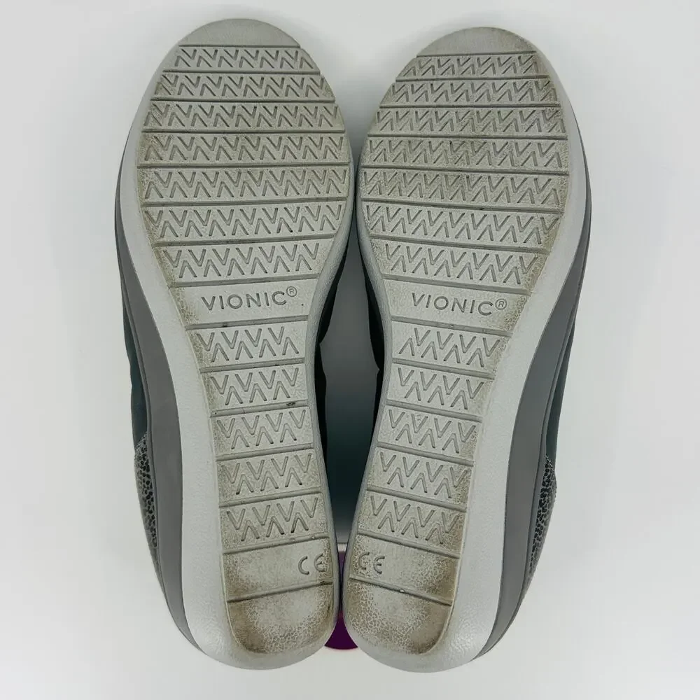 Vionic Women's Jacey Gray Leather Slip On Comfort Wedges Charcoal/Leopard Size 8